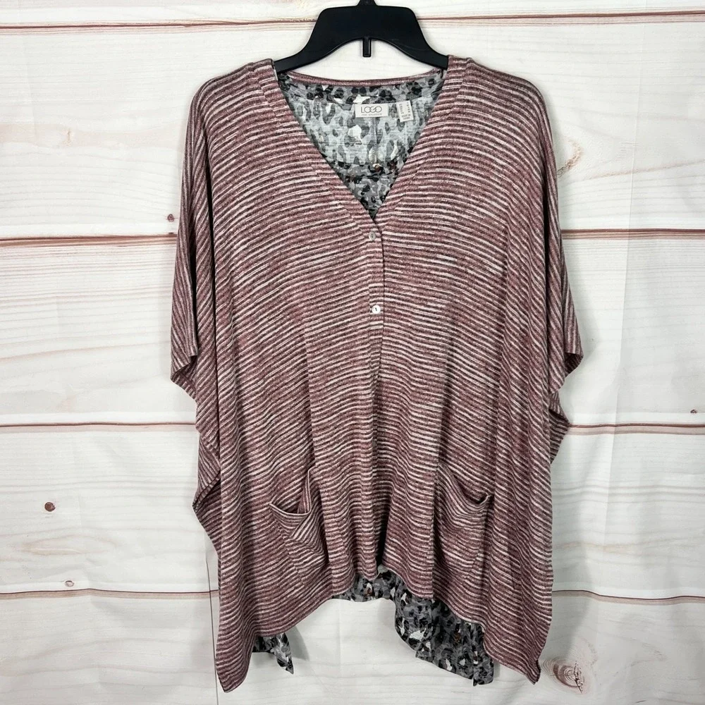 LOGO by Lori Goldstein Sweater Womens Small Pink Knit Shrug Tank Twinset V-Neck
